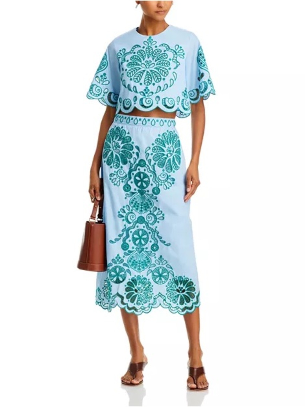 FARM Rio 2-Piece Embroidered Richelieu Crop Top and Midi Skirt Set Blue Green - Picture 7 of 16